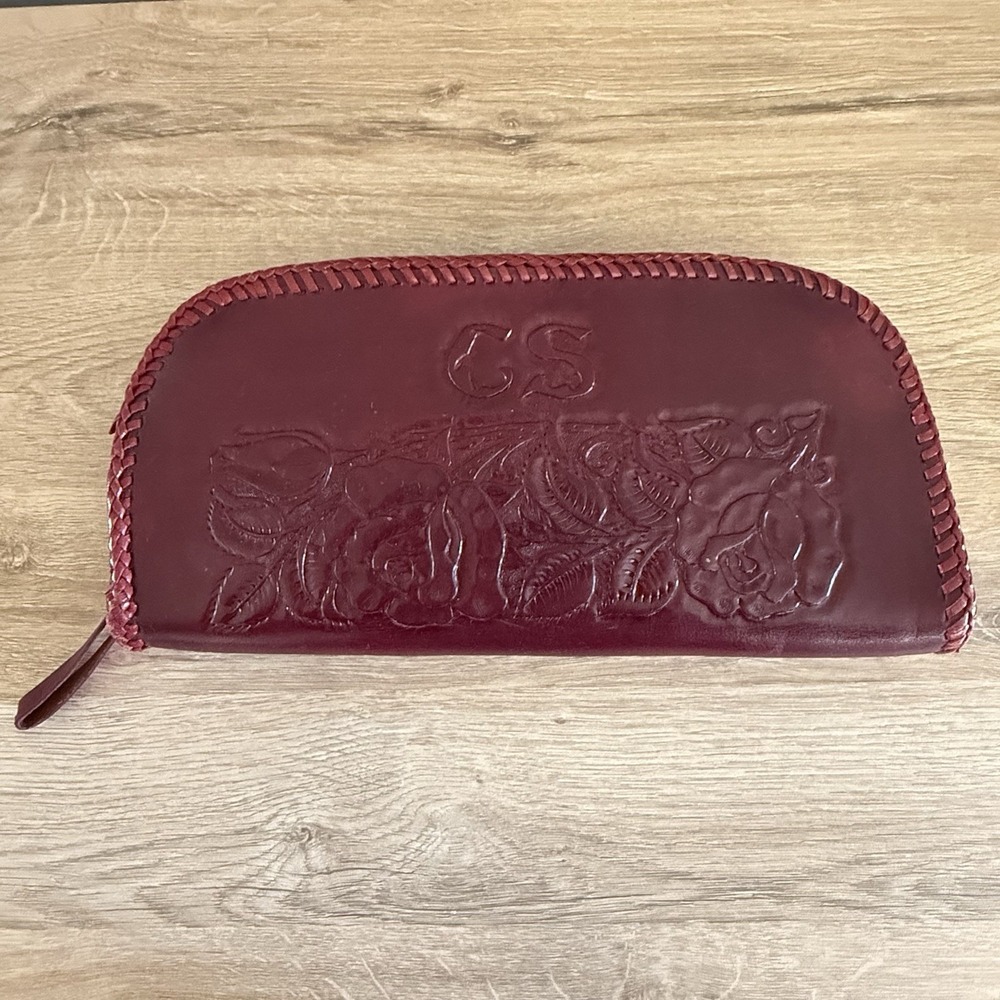 Vintage Hand Tooled Leather Clutch with Floral Embossing & CS Monogram Burgundy
